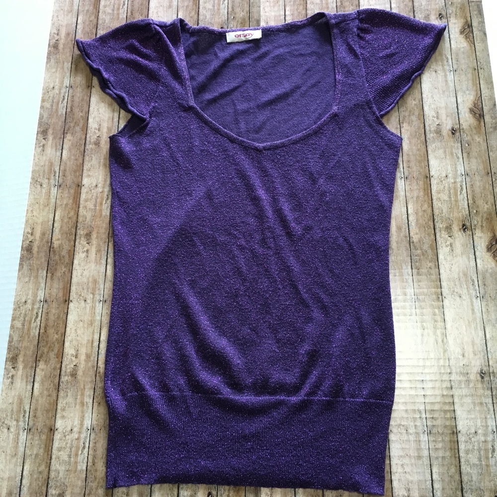 Orsay purple glitter cap sleeve blouse GUC
